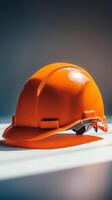 Bright orange hard hat resting on a table in an industrial workspace with large windows photo