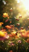 Bees pollinating vibrant flowers in a sunny garden during springtime photo
