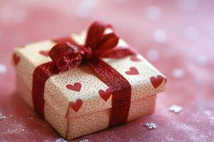 Present decorated with red ribbon surrounded by heart shaped decorations for special occasion photo