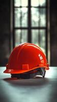 Bright orange hard hat resting on a table in an industrial workspace with large windows photo