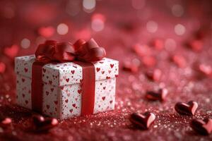 Present decorated with red ribbon surrounded by heart shaped decorations for special occasion photo