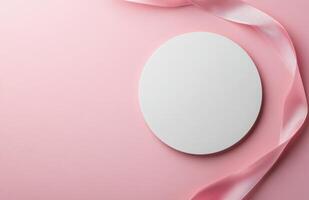 Plain white circular card placed on a pink background with decorative ribbon photo