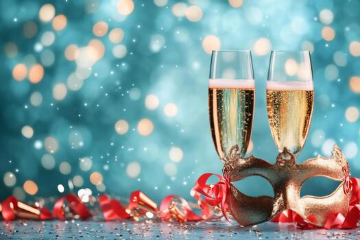Sparkling drink and golden mask create festive atmosphere for celebration event photo