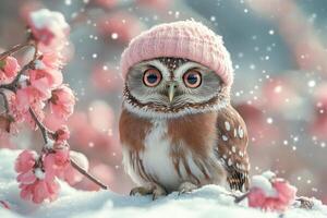 Cute owl wearing a pink hat among blooming cherry blossoms in winter photo