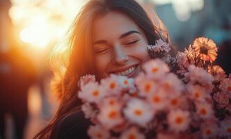 Woman smiles joyfully while holding a bouquet of roses during a sunset in a city setting photo