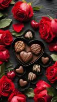Heart shaped chocolate box surrounded by fresh red roses for special occasions photo