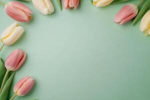 Colorful bouquet of tulips arranged on a soft blue background in spring photo