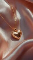 Gold heart necklace resting on soft satin fabric in elegant display photo