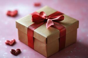 Present decorated with red ribbon surrounded by heart shaped decorations for special occasion photo