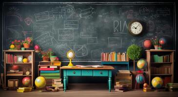 Vibrant classroom with a chalkboard, books, and decorative globes for a creative setup photo