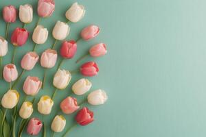 Colorful bouquet of tulips arranged on a soft blue background in spring photo