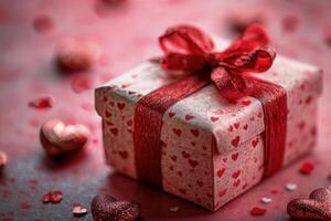 Present decorated with red ribbon surrounded by heart shaped decorations for special occasion photo