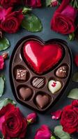 Heart shaped chocolate box surrounded by fresh red roses for special occasions photo