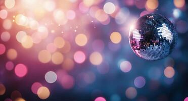 Colorful disco ball sparkles against a dreamy bokeh background during a festive celebration photo