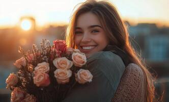 Woman smiles joyfully while holding a bouquet of roses during a sunset in a city setting photo