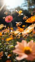 Bees pollinating vibrant flowers in a sunny garden during springtime photo