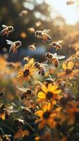 Bees pollinating vibrant flowers in a sunny garden during springtime photo