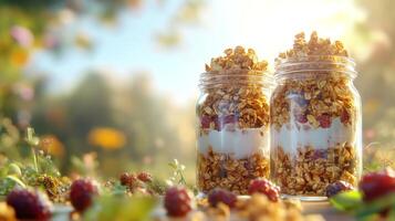 Freshly prepared yogurt parfaits with granola and berries in a sunny garden setting photo