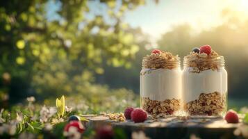 Freshly prepared yogurt parfaits with granola and berries in a sunny garden setting photo