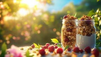 Freshly prepared yogurt parfaits with granola and berries in a sunny garden setting photo