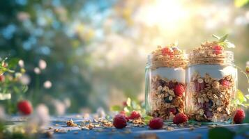 Freshly prepared yogurt parfaits with granola and berries in a sunny garden setting photo