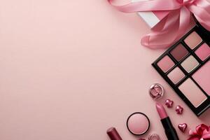 Makeup items arranged on a pink background for a beauty themed layout or display photo