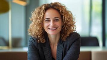 Business professional with curly hair smiles confidently in modern office setting during daytime photo