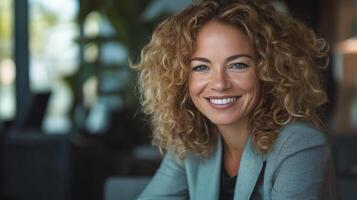 Business professional with curly hair smiles confidently in modern office setting during daytime photo