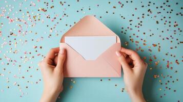 Bright celebration with hands holding a pink envelope on a colorful confetti background photo
