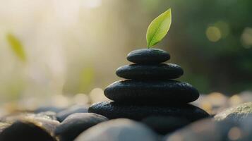 Stacked stones with green leaves symbolizing balance and nature at twilight photo