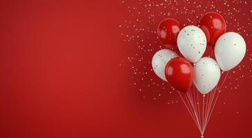 Colorful red and white balloons with confetti against a vibrant background photo