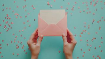 Bright celebration with hands holding a pink envelope on a colorful confetti background photo