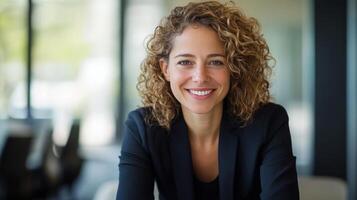 Business professional with curly hair smiles confidently in modern office setting during daytime photo