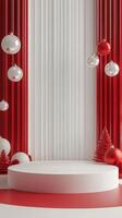 Festive display with red and white decorations for holiday celebrations in a modern setting photo