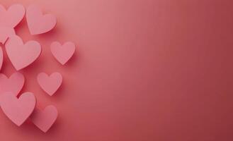 Pink paper hearts scattered on a soft pink background for a festive celebration photo