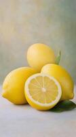 Fresh lemons arranged with leaves on a soft background showcasing natural color and texture photo