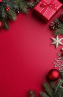 Festive decorations with gifts and greenery on a red background for holiday celebrations photo