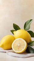 Fresh lemons arranged with leaves on a soft background showcasing natural color and texture photo