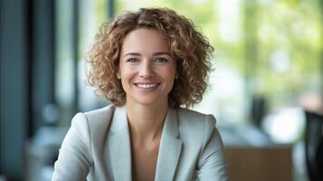Business professional with curly hair smiles confidently in modern office setting during daytime photo