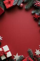 Festive decorations with gifts and greenery on a red background for holiday celebrations photo