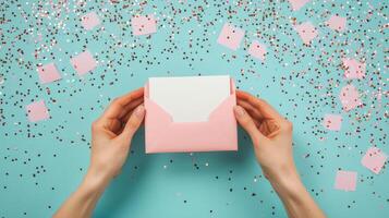 Bright celebration with hands holding a pink envelope on a colorful confetti background photo