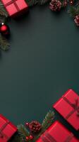 Festive holiday gifts surrounded by evergreen branches and ornaments on a dark background photo