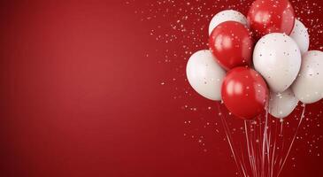 Colorful red and white balloons with confetti against a vibrant background photo