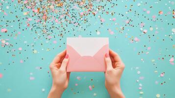 Bright celebration with hands holding a pink envelope on a colorful confetti background photo