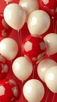 Colorful red and white balloons floating together for celebration in a festive setting photo