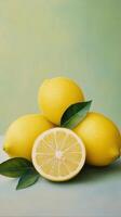 Fresh lemons arranged with leaves on a soft background showcasing natural color and texture photo