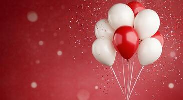 Colorful red and white balloons with confetti against a vibrant background photo