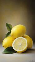 Fresh lemons arranged with leaves on a soft background showcasing natural color and texture photo