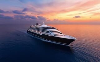 Luxury cruise ship sails across calm ocean at sunset near tropical destination photo