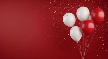 Colorful red and white balloons with confetti against a vibrant background photo